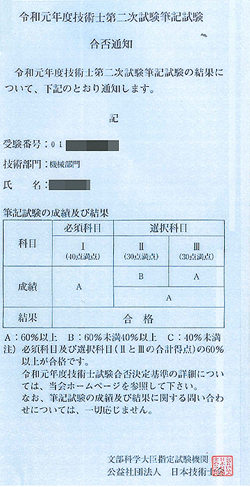 技術士第二次試験筆記試験合否通知